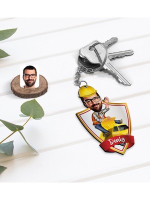 BK Kişiye Özel Isimli Erkek Yol Mühendisi Karikatürlü Ahşap Anahtarlık-1