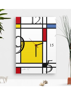 BK Kişiye Özel Mondrian Ahşap Tablo Duvar Saati-6