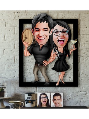 BK Kişiye Özel Sevgililer Karikatürlü 3D Ahşap Tablo-18
