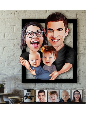 BK Kişiye Özel Aile Karikatürlü 3D Ahşap Tablo-4