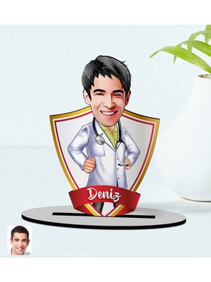 BK Kişiye Özel Isimli Erkek Doktor Karikatürlü Ahşap Biblo Model-1