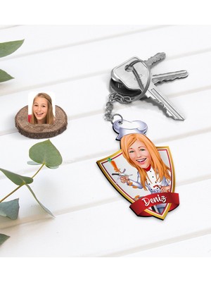 BK Kişiye Özel Isimli Kadın Chef Karikatürlü Ahşap Anahtarlık