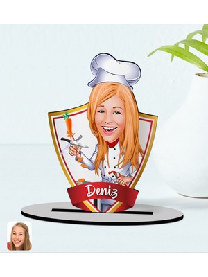 BK Kişiye Özel Isimli Kadın Chef Karikatürlü Ahşap Biblo Model-1