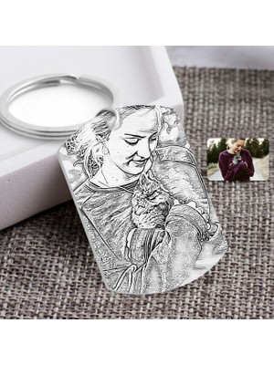 BK Kişiye Özel Tam Boy Karakalem Kedi ve Kız Karikatürlü Pleksi Anahtarlık-1