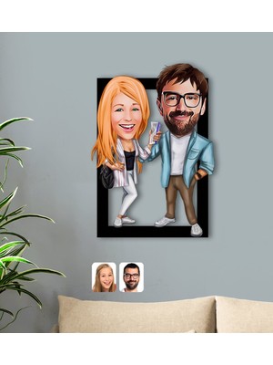 BK Kişiye Özel Sevgililer Karikatürlü 3D Ahşap Tablo-93