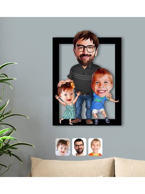 BK Kişiye Özel Baba Oğul Kız Karikatürlü 3D Ahşap Tablo-1