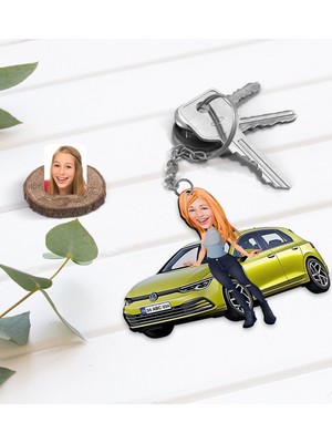 BK Kişiye Özel Kadın Vw Golf Figürlü Plakalı Ahşap Karikatür Anahtarlık-2