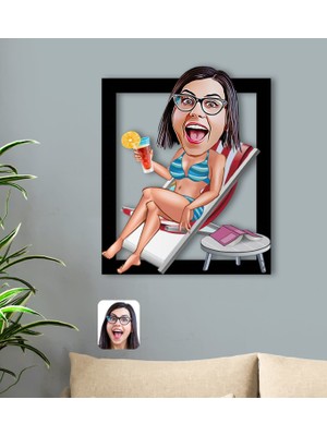 Bk Gift Kişiye Özel Tatilci Kadın Karikatürlü 3D Ahşap Tablo-2