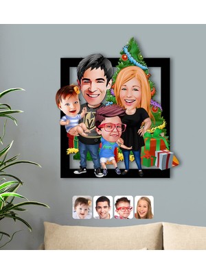 BK Kişiye Özel Yeni Yıl Aile Karikatürlü 3D Ahşap Tablo-5