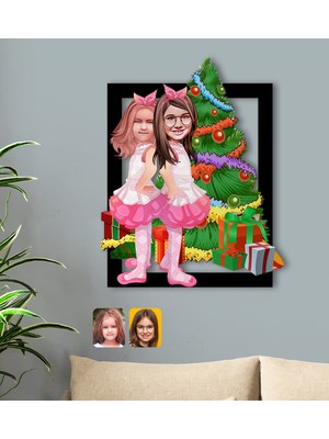BK Kişiye Özel Yeni Yıl Kız Kardeşler Karikatürlü 3D Ahşap Tablo-1