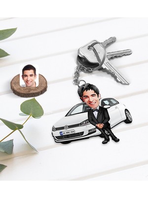 BK Kişiye Özel Erkek Vw Golf Figürlü Plakalı Ahşap Karikatür Anahtarlık-1