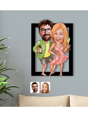 Bk Gift Kişiye Özel Tatilci Sevgililer Karikatürlü 3D Ahşap Tablo-1