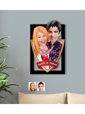BK Kişiye Özel Isimli Sevgililer Karikatürlü 3D Ahşap Tablo-2