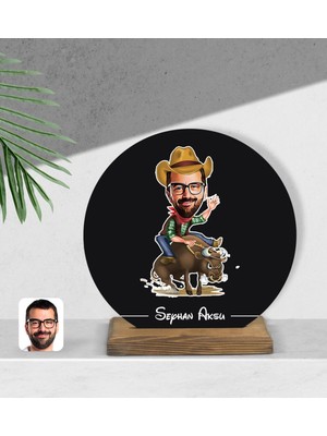 BK Kişiye Özel Rodeo Karikatürlü Yuvarlak Ahşap Biblo-1