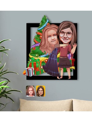 BK Kişiye Özel Yeni Yıl Kız Kardeşler Karikatürlü 3D Ahşap Tablo-3