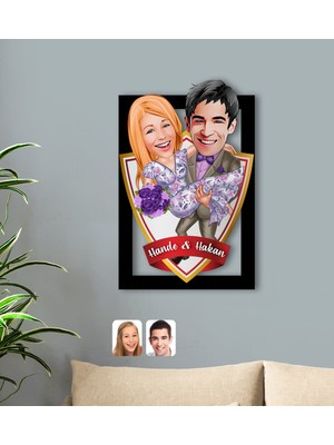 BK Kişiye Özel Isimli Sevgililer Karikatürlü 3D Ahşap Tablo-56