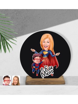 BK Kişiye Özel Süper Anne ve Çocuk Karikatürlü Yuvarlak Ahşap Biblo-1