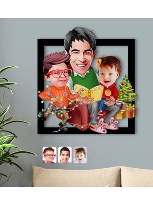 BK Kişiye Özel Yeni Yıl Aile Karikatürlü 3D Ahşap Tablo-1