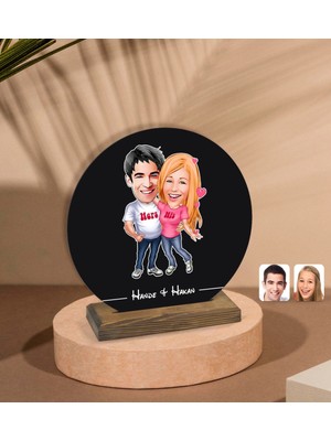 BK Kişiye Özel Sevgililer Karikatürlü Yuvarlak Ahşap Biblo-5