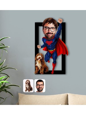 BK Kişiye Özel Evcil Dost ve Süper Adam Karikatürlü 3D Ahşap Tablo-10