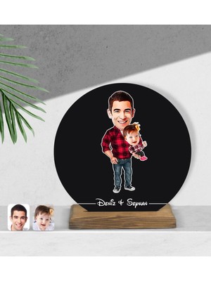 BK Kişiye Özel Baba Kız Karikatürlü Yuvarlak Ahşap Biblo-2