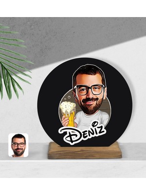 BK Kişiye Özel Erkek Karikatürlü Yuvarlak Ahşap Biblo-51