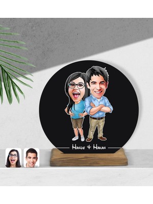 BK Kişiye Özel Sevgililer Karikatürlü Yuvarlak Ahşap BIBLO-101