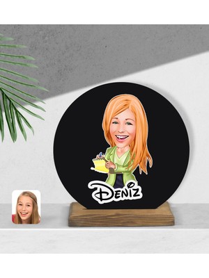 BK Kişiye Özel Kadın Asistan Karikatürlü Yuvarlak Ahşap Biblo-2
