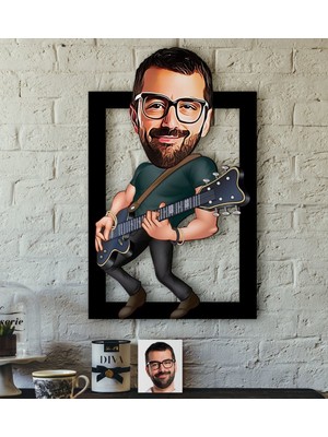 BK Kişiye Özel Bay Gitarist Karikatürlü 3D Ahşap Tablo-1