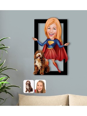 BK Kişiye Özel Evcil Dost ve Süper Kadın Karikatürlü 3D Ahşap Tablo-11