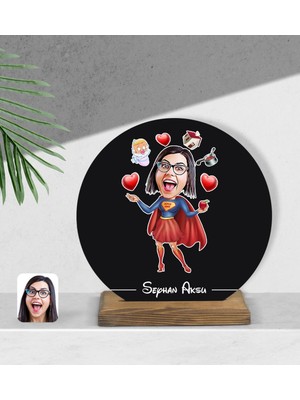BK Kişiye Özel Süper Anne Karikatürlü Yuvarlak Ahşap Biblo-1