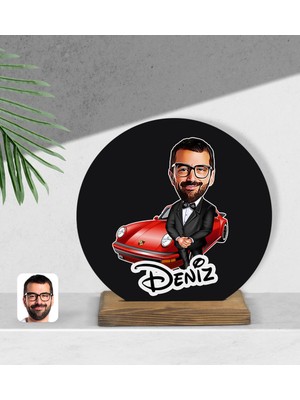 BK Kişiye Özel Erkek Patron Karikatürlü Yuvarlak Ahşap Biblo-1