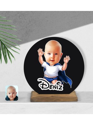 BK Kişiye Özel Bebek Karikatürlü Yuvarlak Ahşap Biblo-3