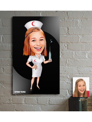 BK Kişiye Özel Hemşire Karikatür Ahşap Tablo - 1