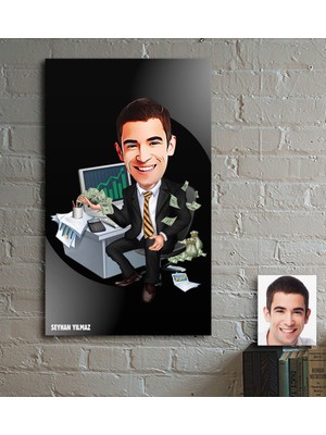 BK Kişiye Özel Bay Bankacı Karikatür Ahşap Tablo - 1