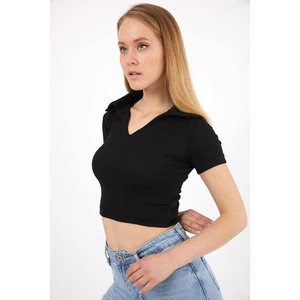 Belifanti Collection Kadın Siyah Polo Yaka Crop Top