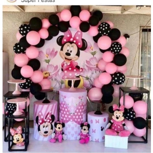 Minnie Mouse Konsept Balon Zinci Balon ve Balon Zinciri-Siyah-Pembe-Puantiyeli Balon
