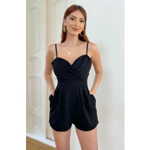 Moda Lavinia Askılı Kruvaze Yaka Şort Tulum (Siyah)
