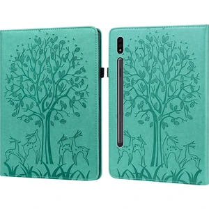 Szykd Samsung Galaxy Tab S8 / Galaxy Tab S7 Için SM-T870 Ağaç ve Geyik Desen Preslenmiş Baskı Yatay Çevirmeli Pu Deri Kılıf Tutucu ve Kart Yuvaları ile (Yurt Dışından)