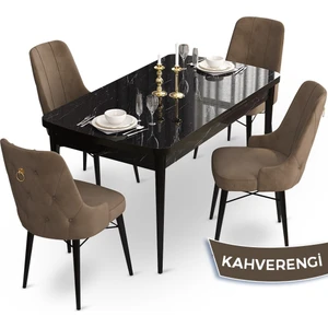Concept Taç Serisi 80 x 132 cm Açılabilir Siyah Mermer Desen Masa Takımı 4 Sandalye Gold Halkalı