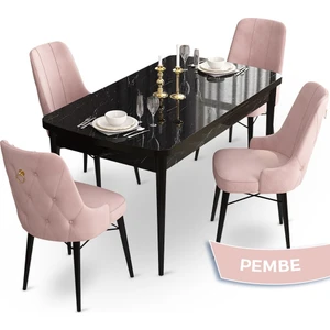 Concept Taç Serisi 80 x 132 cm Açılabilir Siyah Mermer Desen Masa Takımı 4 Sandalye Gold Halkalı