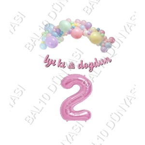 Bal10 Dünyası Iyiki Doğdun Yazılı Kaligrafi Banner Makaron Balon Seti 2 Yaş Pembe Set Doğum Günü