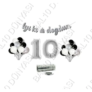 Bal10 Dünyası Rafya Ipli 10 Yaş Gümüş Folyo Balon Iyiki Doğdun Yazılı Banner Balon Set Doğum Günü