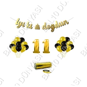 Bal10 Dünyası Rafya Ipli 11 Yaş Gold Folyo Balon Iyiki Doğdun Yazılı Banner Balon Set Doğum Günü