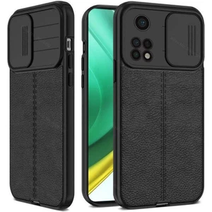 Xiaomi Redmi Note 11 Pro Kılıf Kamera Sürgülü Deri Dokulu Mat Silikon Siyah