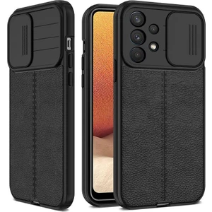 Samsung Galaxy A13 4g Kılıf Kamera Sürgülü Deri Dokulu Mat Silikon Siyah