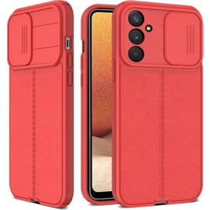 Samsung Galaxy M23 Kılıf Kamera Sürgülü Deri Dokulu Mat Silikon Kırmızı