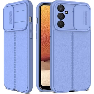 Samsung Galaxy M23 Kılıf Kamera Sürgülü Deri Dokulu Mat Silikon+Nano Glass Koruyucu Mor