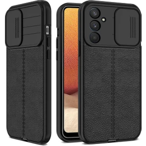 Samsung Galaxy M23 Kılıf Kamera Sürgülü Deri Dokulu Mat Silikon Siyah
