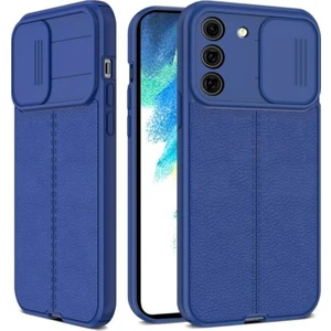 Samsung Galaxy S22 Kılıf Kamera Sürgülü Deri Dokulu Mat Silikon Lacivert